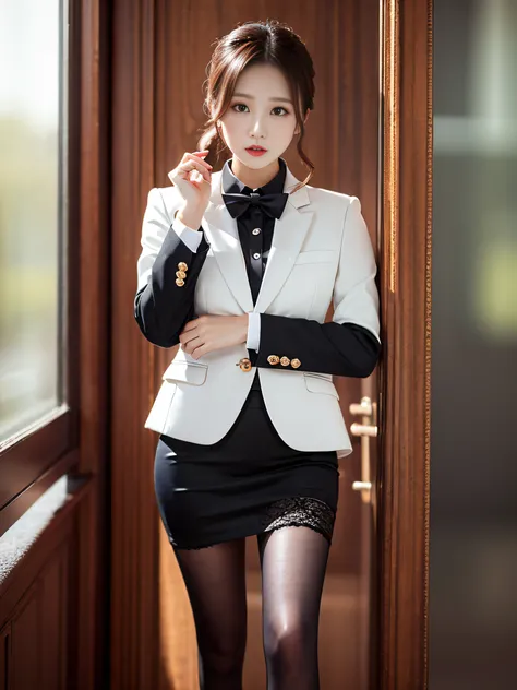 Charming beauties、Suit jacket、Black tight skirt、Glossy legs、Dyed in darkness、lacy fabric