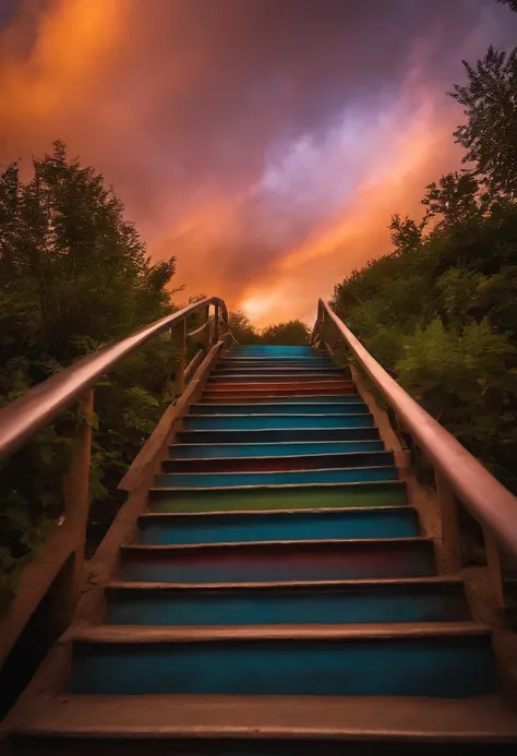 Close-up of the stairs leading to the rainbow sky, stairway to heaven, A very colorful heaven, stairs from hell to heaven, Leading to the Sky, Rainbow clouds, Colors of Heaven, Rainbow Trail, Colorful sky, Rainbow clouds, Heaven!!!!!!!!, rainbow, Rainbow c...