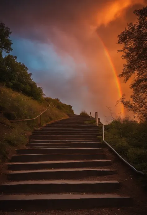 Close-up of the stairs leading to the rainbow sky, stairway to heaven, A very colorful heaven, stairs from hell to heaven, Leading to the Sky, Rainbow clouds, Colors of Heaven, Rainbow Trail, Colorful sky, Rainbow clouds, Heaven!!!!!!!!, rainbow, Rainbow c...