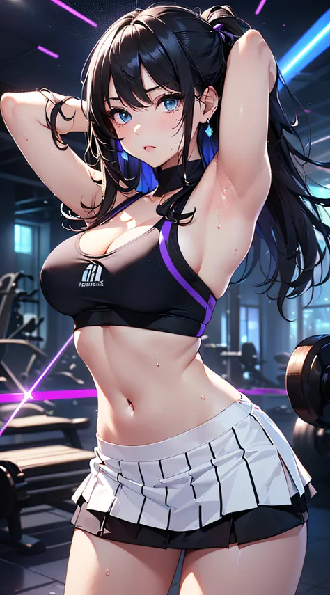 top-quality、Top image quality、​masterpiece、girl with((cute little、20yr old、Best Bust、Medium bust、Bust 85,Beautiful blue eyes、Breasts wide open,Long Black Hair、A slender、Middle knot、Black Sports Bra、White short skirt,Reflecting the whole body、Black perforat...