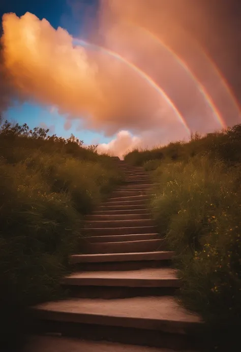 Close-up of the stairs leading to the rainbow sky, stairway to heaven, A very colorful heaven, stairs from hell to heaven, Leading to the Sky, Rainbow clouds, Colors of Heaven, Rainbow Trail, Colorful sky, Rainbow clouds, Heaven!!!!!!!!, rainbow, Rainbow c...