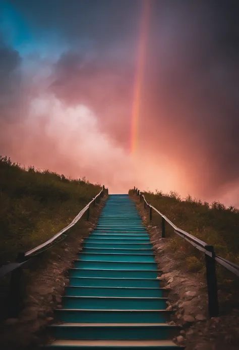 Close-up of the stairs leading to the rainbow sky, stairway to heaven, A very colorful heaven, stairs from hell to heaven, Leading to the Sky, Rainbow clouds, Colors of Heaven, Rainbow Trail, Colorful sky, Rainbow clouds, Heaven!!!!!!!!, rainbow, Rainbow c...