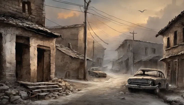 ink wash style，，telephone poles，Cracked buildings，battlefiled，Fire on the ground，burning building，the fire，winter day、Rochas、War，karo，cannon fire，(Broken car，Broken pavement)，（illustratio：1.0）、Epic composition、Realistic lighting、high definition detail、tmas...