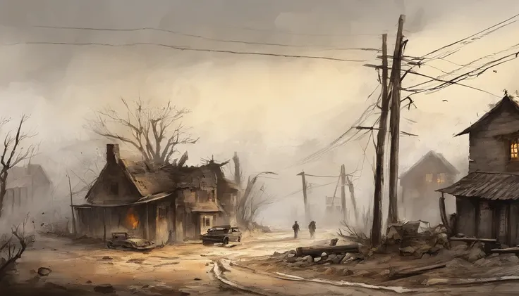 ink wash style，，telephone poles，Cracked buildings，battlefiled，Fire on the ground，burning building，the fire，winter day、Rochas、War，karo，cannon fire，(Broken car，Broken pavement)，（illustratio：1.0）、Epic composition、Realistic lighting、high definition detail、tmas...