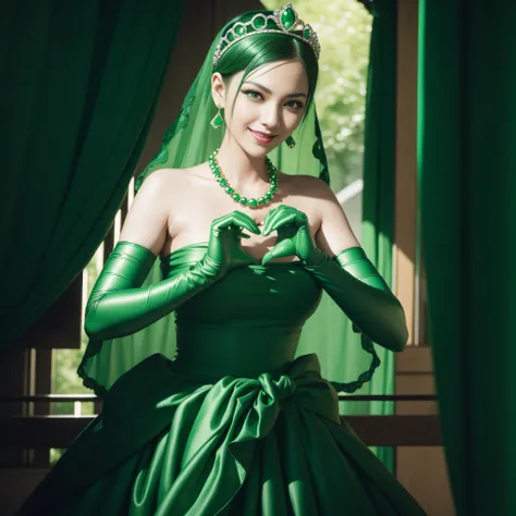 emerald tiara, Green Pearl Necklace, Boyish very short green hair, lipsticks, Japan woman smiling, very short short hair,  big breasts beautiful, Green eyes, Long green gloves made of satin material, Green eyes, Emerald Earrings, green vale, Heart with bot...