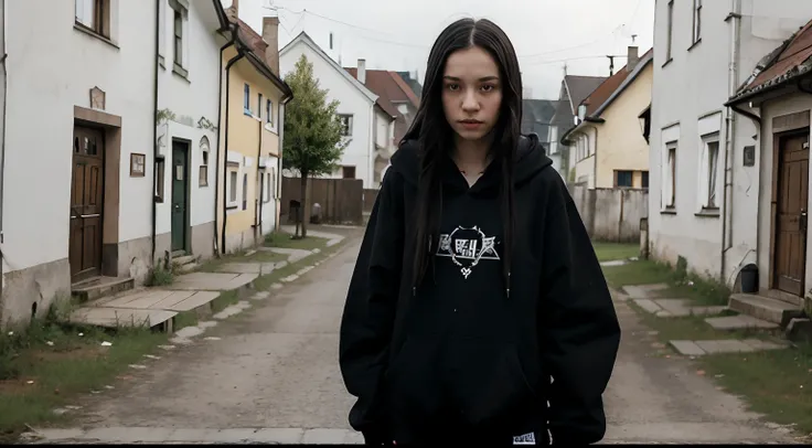 14 years old scared sick  creepy looking russian girl standing in rural Czech village, wearing black hoodie and shorts, very pale, very long black hair, summer day, shy