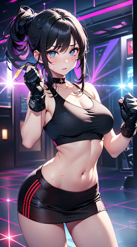 top-quality、Top image quality、​masterpiece、girl with((cute little、18year old、Best Bust、Medium bust、Bust 85,Beautiful blue eyes、Breasts wide open,Long Black Hair、A slender、Middle knot、Black Sports Bra、White short skirt,Reflecting the whole body、Black perfor...