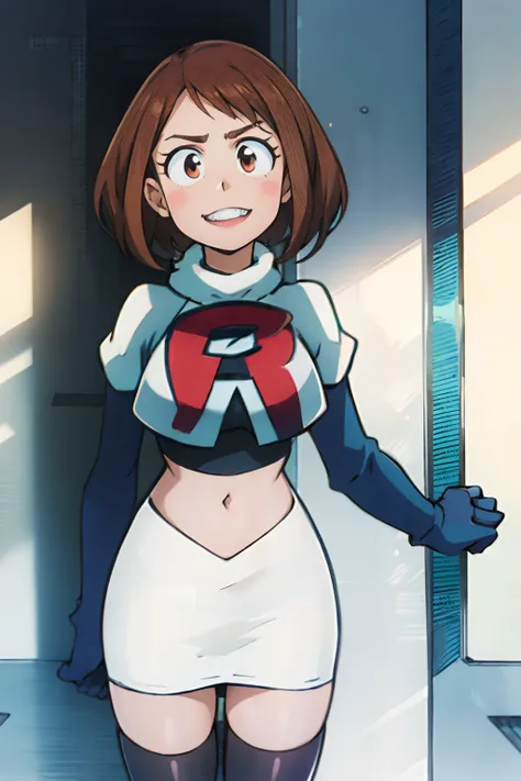 ochaco_uraraka, team rocket,team rocket uniform, red letter R, white skirt,white crop top,black thigh-highs,black elbow gloves, sinister grin, saluting