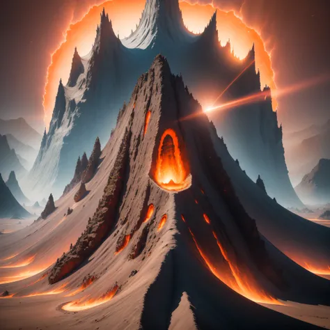 （（（Giant volcanoes）））The astronaut，Alien base (Very detailed giant volcano) In the mountainous desert，There are several exhaust fans and chimneys, Some spotlights come out of the base to illuminate dark places, (Extreme nights), Some clouds in the night sk...