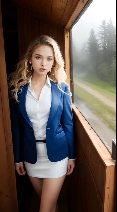 ((pre-teen)), beautiful girl, model body, big blue eyes, small breasts, long legs, medium hoop earrings, flight attendant uniform, shot from above, very white skin, long hair, wavy hair, blonde hair , Cabin in the woods, photorealistic, Indirect lighting, ...