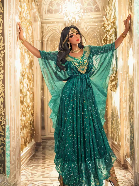 An Arabic woman in a dark green dress standing in a hallway, modest flowing gown, arab inspired, flowing dress, long flowing intricate dress, with teal clothes, beautiful iranian woman, full body green dress, wearing a flowing dress, beautiful arab woman, ...