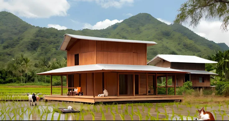 Wooden house, modern style, new Thai silk in the middle of the rice fields and pets.