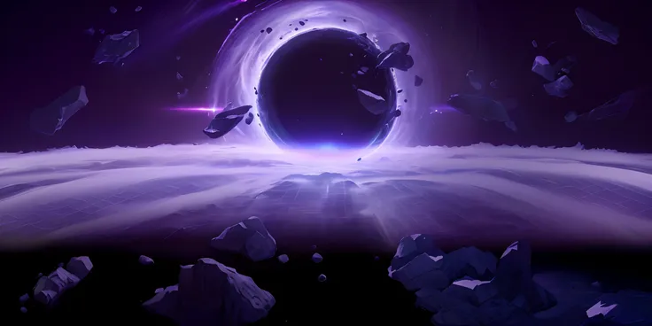 Black holes, black holes entangled in floating rocks, floating meteorites, black hole space-time portals, with the best picture quality, higher quality, ultra high resolution, Genshin Impact, anime style, rich colors, color changes, high saturation, styliz...