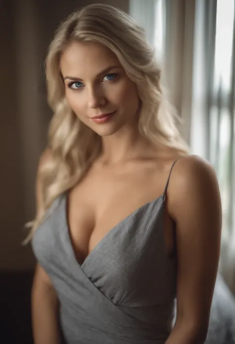 arafed woman fully , sexy girl with blue eyes, meticulously detailed, blonde hair and large eyes, selfie of a young woman, bedroom eyes, without makeup, wearing a sexy gray dress, d cups boobs, looking directly at the camera, stunning full body shot kneeli...