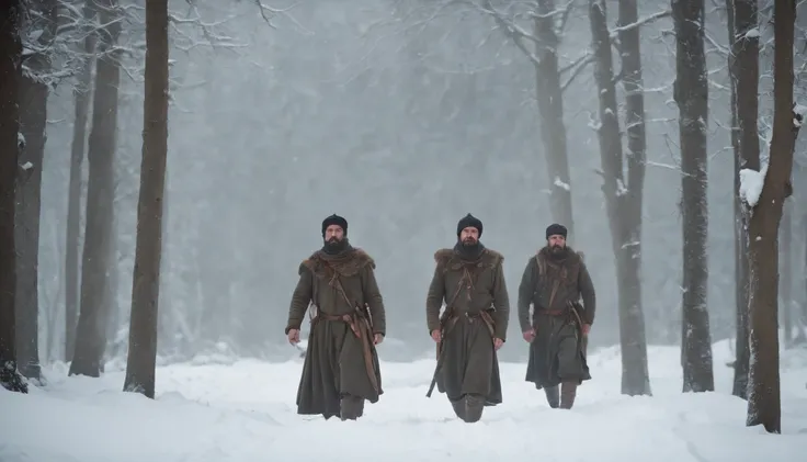 three medieval turkish soldiers hanging from ropes around there necks from trees in the snow, night, darkness, winter, eerie, mysterious, cinematic, cinematic scene from film, 8k, photorealistic