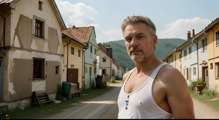 Czech redneck older man in his early 50s, standing in Czech rural village, very short blonde hair, short patchy scruffy beard, light sunburns, wearing white tanktop