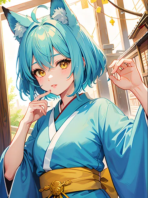 1girl, fox ear,  light blue short hair,bangs pinned back,Ahoge,Colored inner hair,Highly detailed beautiful face and yellow eyes,Cute, shrine maiden, shrine