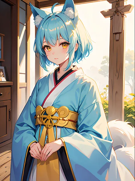 1girl, fox ear,  light blue short hair,bangs pinned back,Ahoge,Colored inner hair,Highly detailed beautiful face and yellow eyes,Cute, shrine maiden, shrine