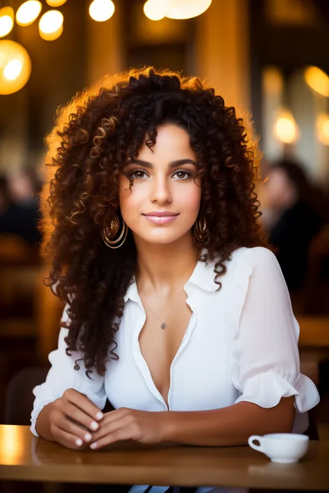 Portrait of a curly-haired Mexican woman styled with curly hair in a café , mignon, Photographie mate, peau brune, softlighting, humeur ambiante, Stunning and clean photography,