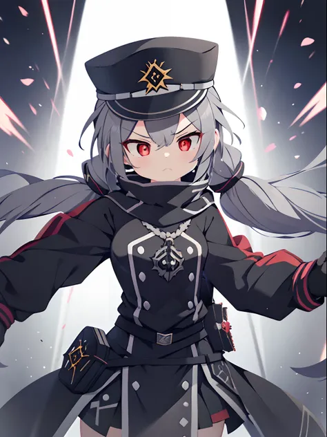 masterpiece, best quality, 1girl, roze, grey hair, red eyes, low twintails, long hair, black military uniform, peaked cap, gloves, angry,