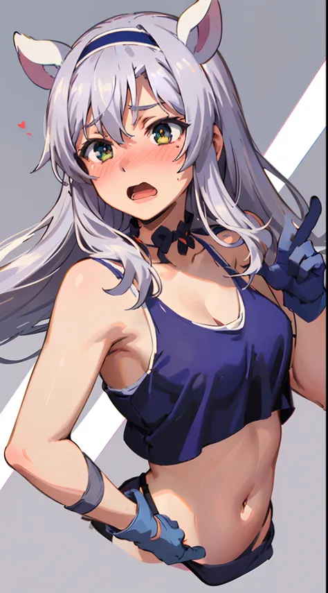 best quality, (masterpiece:1.2), detailed,
Sistine Fibel,
1girl, solo, open mouth, wavy mouth, nose blush, embarrassed, medium breasts,
long hair, grey hair, green eyes, blue hairband, animal ears, navel, gloves, (((cropped tank top, 20 years old))), (((ul...