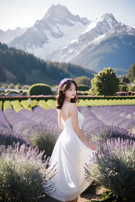 Lavender garden, A girl wears a white dress ,Bust photo, Face the lens, In the distance there are snowy mountains.