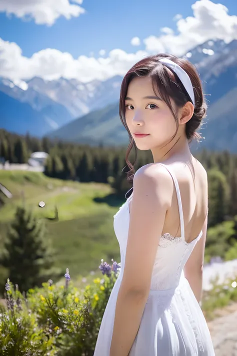 Lavender garden, A girl wearing a white dress and red hairpins., Bust photo, Face the lens, In the distance there are snowy mountains.