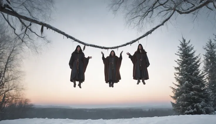 three medieval bodies hanging from trees by ropes in the snow, night, darkness, winter, eerie, mysterious, cinematic, cinematic scene from film, 8k, photorealistic