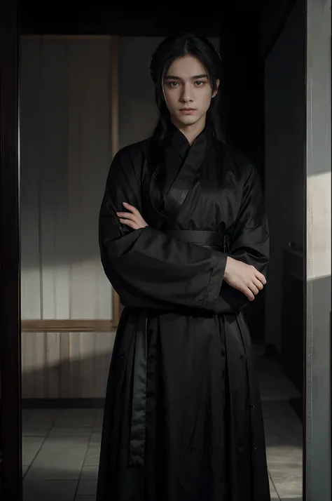 a 22 years-old cool male, wearing black hanfu, noctambulant clothes, calm and cold atmosphere, (bright eyes), (cold eyes), gradient eyes, anime, reflection light, ray tracing, depth of field, cowboy shot, cinematic lighting, masterpiece, best quality, high...