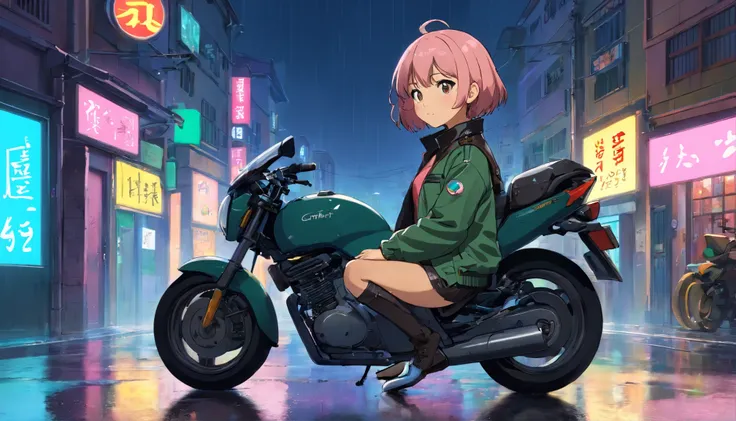 1 girl, Brown skin, Short pink hair, Brown eyes, wearing a brown coat, wearing black_Green leather jacket, Navy blue leather pants, sitting on a black cyberpunk motorcycle, At night, Black leather boots, the city street, The ground was wet with rain, fall,...