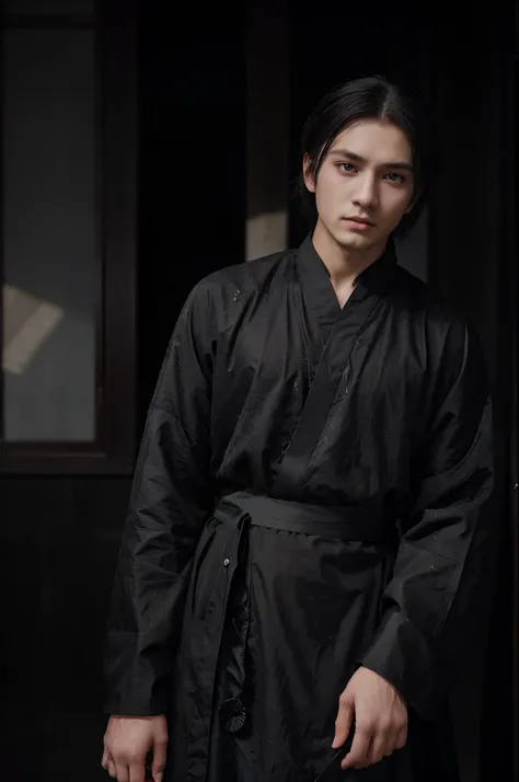 a 22 years-old cool male, (wearing black hanfu), ((noctambulant clothes)), calm and cold atmosphere, (bright eyes), (cold eyes), gradient eyes, anime, reflection light, ray tracing, depth of field, (cowboy shot), cinematic lighting, masterpiece, best quali...