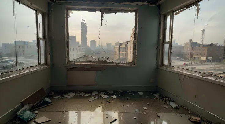 (Best quality,4K,8K,A high resolution,Masterpiece:1.2),Ultra-detailed,(Realistic,Photorealistic,photo-realistic:1.37),Broken window frontage,window open,Outside the window is the disaster city, dusty atmosphere,Abandoned restaurant,Cracked walls,,Unpredict...