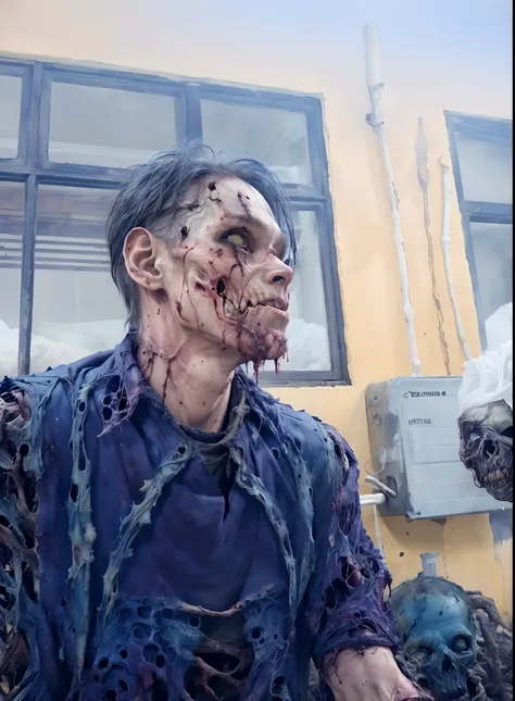 ghoul, entrails, crawling, 1boy, male focus, blood, torn clothes, empty eye sockets, green skin, blue skin,