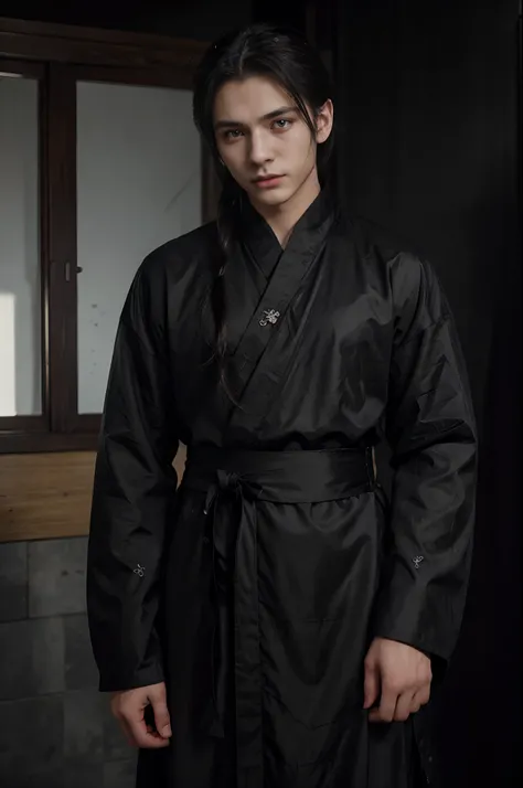 a 22 years-old cool male, (male), (wearing black hanfu), ((noctambulant clothes)), calm and cold atmosphere, (bright eyes), (cold eyes), gradient eyes, anime, reflection light, ray tracing, depth of field, (cowboy shot), cinematic lighting, masterpiece, be...