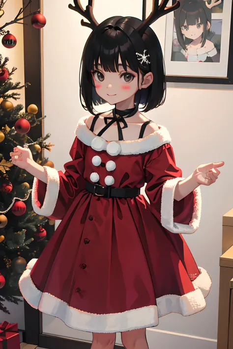 child，Christmas，A dark-haired，Medium bob，Reindeer Cosplay