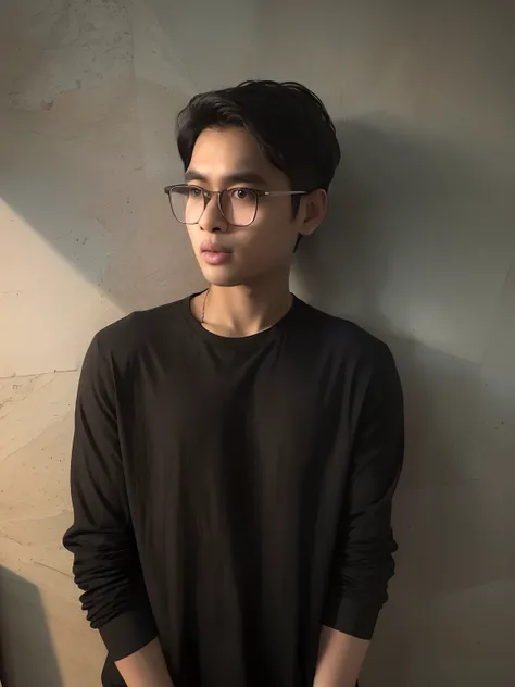 there is a man wearing white transparent glasses standing against a wall, with accurate face, with short hair, he is wearing a black t-shirt, south east asian with round face, 1 7 - year - old boy thin face, with long hair, with serious face expression, fr...