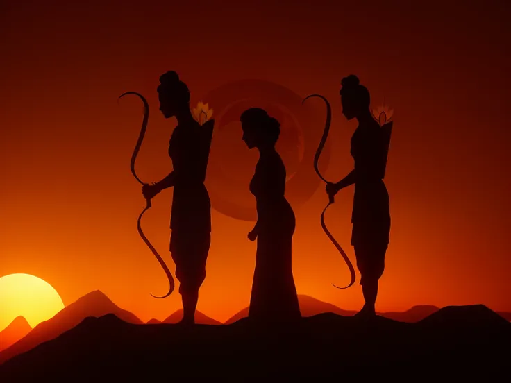 three silhouettes of three women with bows and arrows in front of a sunset, from ramayan, also known as artemis or selene, also known as artemis the selene, godess, hecate, myth, in a scenic background, goddess of the hunt and the moon, hecate goddess, myt...