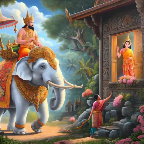 painting of a man riding an elephant with a woman on it, an enormous elephant king, an elephant king, from ramayan, thailand art, temple background, hindu art, inspired by Ram Chandra Shukla, by Wayne England, mythological painting, beautiful depiction, fo...