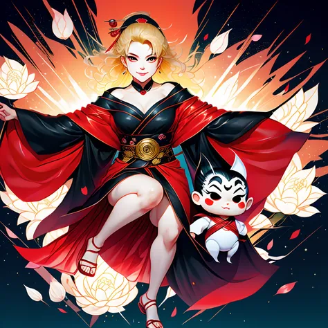 Japanese painting, ukiyo-e style, (chibi character, deformed, full body, big head:1.5, line art), cute vampire, fearless smile, large sparkling fangs protruding from the mouth, messy blonde medium hair, paw pose, red dress and black cloak, wings, iridescen...