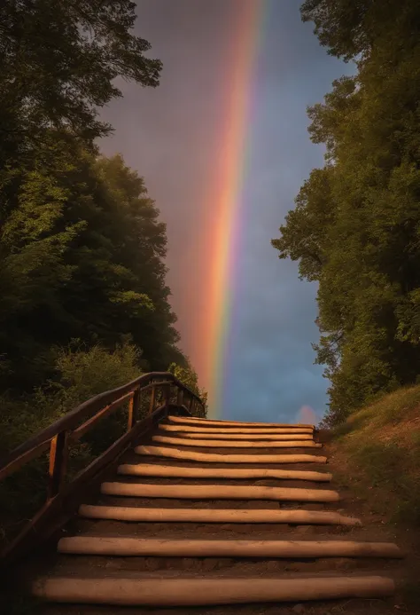 Close-up of the stairs leading to the rainbow sky, stairway to heaven, A very colorful heaven, stairs from hell to heaven, Leading to the Sky, Rainbow clouds, Colors of Heaven, Rainbow Trail, Colorful sky, Rainbow clouds, Heaven!!!!!!!!, rainbow, Rainbow c...