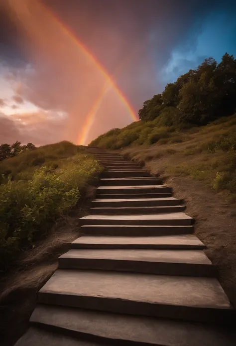 Close-up of the stairs leading to the rainbow sky, stairway to heaven, A very colorful heaven, stairs from hell to heaven, Leading to the Sky, Rainbow clouds, Colors of Heaven, Rainbow Trail, Colorful sky, Rainbow clouds, Heaven!!!!!!!!, rainbow, Rainbow c...