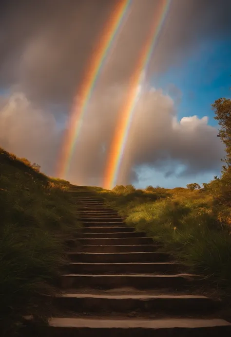 Close-up of the stairs leading to the rainbow sky, stairway to heaven, A very colorful heaven, stairs from hell to heaven, Leading to the Sky, Rainbow clouds, Colors of Heaven, Rainbow Trail, Colorful sky, Rainbow clouds, Heaven!!!!!!!!, rainbow, Rainbow c...