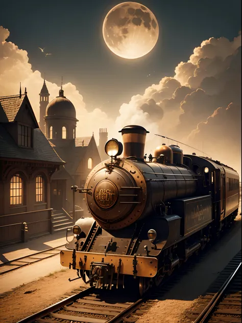 Steampunk world,Sepia tone,Bright view in the daytime,A train with a lavishly decorated exterior,Many railways run,A big moon is floating in the sky,Watching the train from a short distance,hight resolution,hiquality,4K picture quality,No people