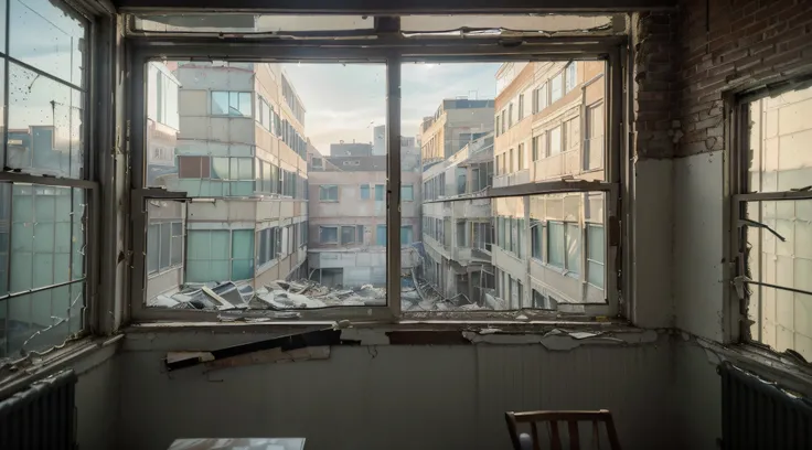 (Best quality,4K,8K,A high resolution,Masterpiece:1.2),Ultra-detailed,(Realistic,Photorealistic,photo-realistic:1.37),Broken window frontage,window open,Outside the window is the disaster city, Façade screen,dusty atmosphere,Abandoned restaurant,Cracked wa...