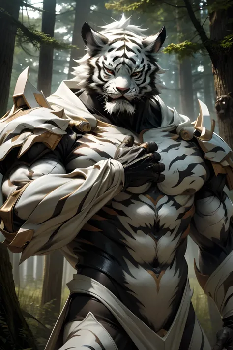 Beastman、White Tiger Man、Adult males、Slender Macho Body、the whole body is covered with hair、Forest and steppe landscape、