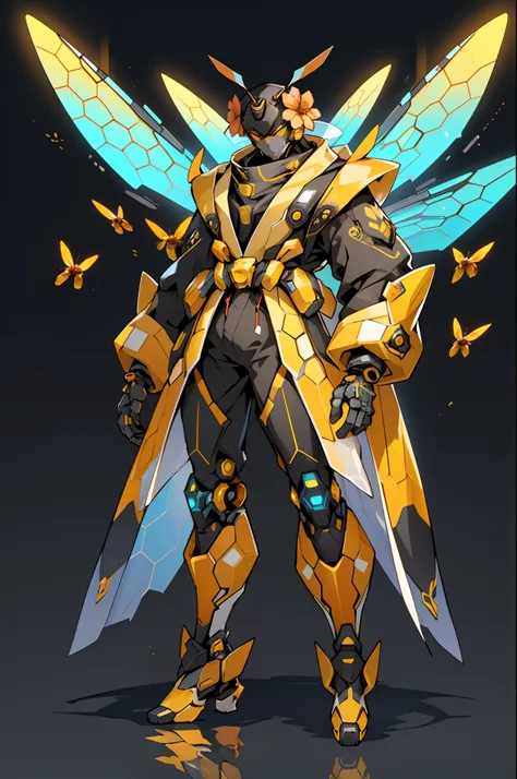 1 Anthropomorphism of bees, standing full-body，Solo, (tmasterpiece，top Quority，best qualtiy), ((Anthropomorphism of bees)), 独奏, human structure bee concept art, character design contest winner, cyberpunk bee, Great character design, Cyborg Wasp, Fantasy be...