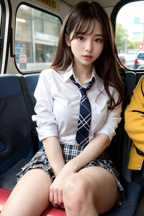 1womanl、(Super beautiful)、(ultra beautiful faces:1.5)、(white  panties)、(Clear pubic contours)、Spread your legs、(high-school uniform)、Plaid mini skirt、Subway seats、(At SFW:1.1)