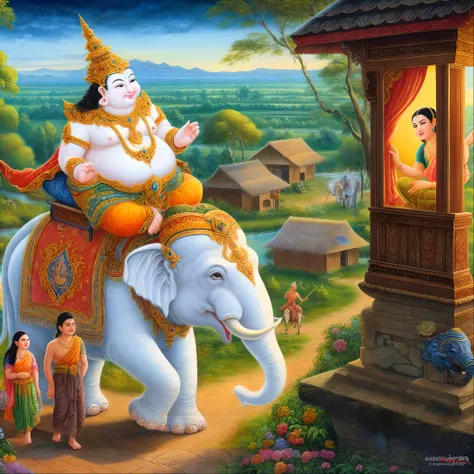 painting of a woman riding an elephant with a man on it, an enormous elephant king, an elephant king, from ramayan, thailand art, temple background, hindu art, hd wallpaper, sharandula, ganapati, nivanh chanthara, mythological painting, hindu kovil scene, ...