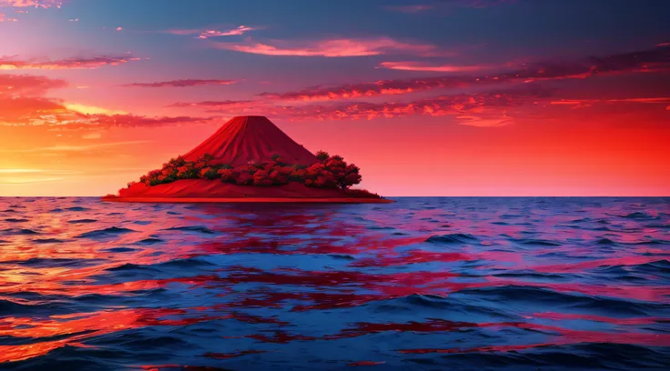 the surface and the island of red water scenery. sky with clouds. bloody sunset background with copy space for design. war, apoc...