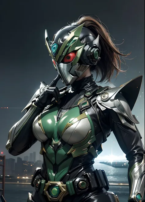 Textured skin, Super Detail, high details, High quality, Best Quality, hight resolution, 1080p, hard disk, Gorgeous beauty,(Kamen Rider),(mask off),(Female Riders),body suit,battle suits,Transformation Belt,Battle Mode,Metal,Transform into Kamen Rider